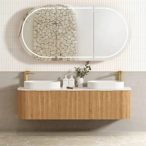 Modern Minimalist Wall Mounted Bathroom Cabinet Curve Popular Vanity Matte White Fluted With Ceramic Sink