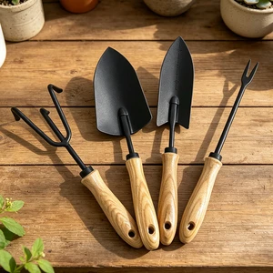 Wooden Handle Mini Garden Tool Set 4PCS-Durable Gardening Shovel Trowel Weeding Fork Rake For Potted Plants OEM 1 Year Warranty