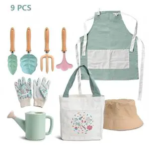 DIY 4/6/9-Piece Children's Garden Tool Set Wooden Handles Metal Components Watering Can Tote Bag Hat-OEM Customizable Gardening