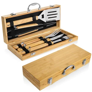 6 PCS Wood Handle Barbecue Grilling Accessories Utensils BBQ Tools Kit Set with Portable Bamboo Carrying Box Case for Camping