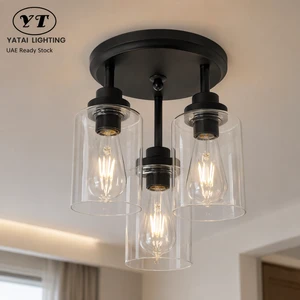 Modern 3 Bulb Semi Flush Mount Ceiling Light Clear Glass Black Iron For Living Room Bedroom Dining Room Hallway