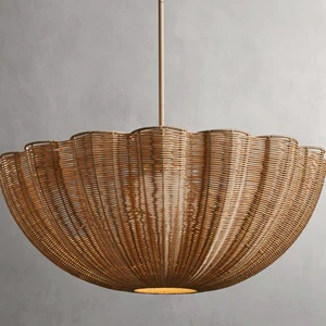 Luxury Nordic Modern Customized Hall Restaurant Hotel Stairs Vaulted Or Sloped Ceiling Gold Natural Rattan Pendant Lights