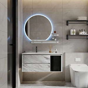 Fancy New Modern Bathroom Solid Wood Circle Mirror Rectangle Vanity Cabinet Set With LED Light Wall-Mounted Made In China