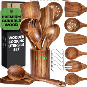 In Stock Wholesale Wooden Spatula Kitchen Utensils Cooking Set Teak Wooden Cooking Utensils Spoon Salad Forks For KitchenTools.