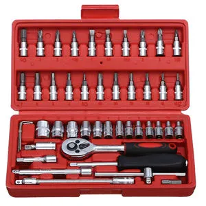 46-Piece Socket Wrench Set Ratchet Sets Mechanic Tools Kit Bit Sockets for Automotive Repair & Household Metric 1/4-Inch Drive