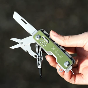 Xhandle MT-28P 11-in-1 DIY Keychain Multitool Knife Scissors Screwdriver Bit Set SIM Ejector OD Green Stainless Steel EDC Gift