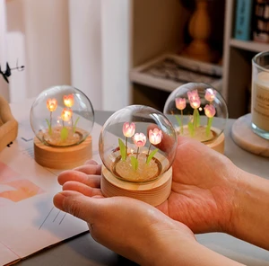 Kanglong Mini Crystal Ball Tulip LED Artificial Tulip Flower Night Light DIY Kit Glass Dome Small Night Light