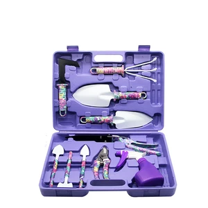 Ergonomic Handle Steel Blade Gardening Tool Kits Women 10pcs Purple Shovel Sprayer Rake Soft Case OEM Customizable