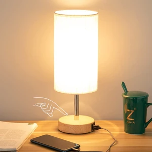 Bedside Lamp with USB Port Touch Control Table Lamp for Bedroom Wood 3 Way Dimmable Nightstand Lamp with Round Fabric