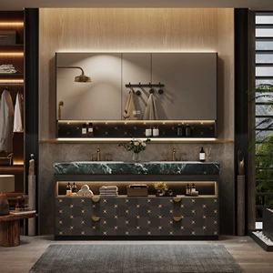 Bespoke Italian Luxury Dark Solid Wood Gold Floating Double Sink Bathroom Vanity With Natural Marble Top Smart Mirror Cabinet