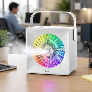 New Summer Smart Desktop Fan Mini Hand Fan Touch Screen Cross-Border Portable Sleep Quiet Rechargeable Battery RGB Humidify USB