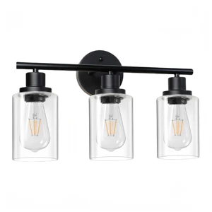 Vintage 3 Lights Bathroom Vanity Light Black Mirror Lamps with Clear Glass Shade Hallway Cabinet Porch Wall Sconces Indoor Home