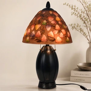 Hand Painted Table Lamp Vintage Decorative Plug In Desk Lamp With Amber Shell Pattern Shade E27 For Bedroom Living Room Hotel