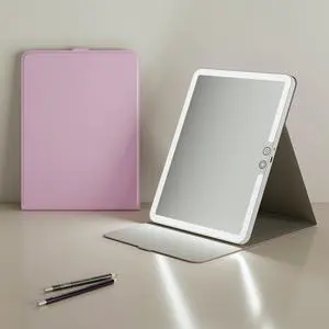 3 Colors Light Modes Type C Rechargeable Portable PU Leather Vanity Led Makeup Travel With Light Folding Cosmetic Mirror