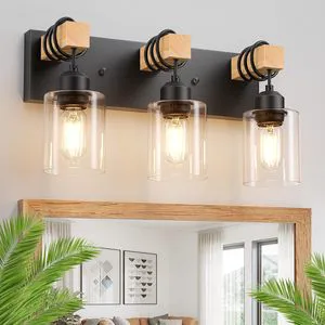 Farmhouse 3-Lights Wood Bathroom Vanity Light Rustic Black Light Fixtures Over Mirror Vintage Vanity Wall Sconce With Glass