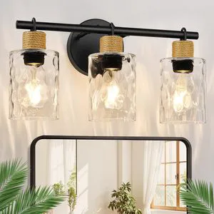 Upgrade Bathroom Light Fixtures 3-Light Coastal Vanity Lights With Crystal Glass Shade Black Bathroom Wall Lamp for Mirror
