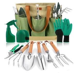 10-Piece Industrial Heavy Duty Stainless Steel Garden Tool Set Non-Slip Wood Handle Tote Bag Kneel Weeder for Men Women-Manual