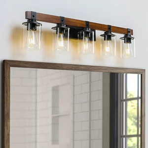 5-Light Vanity Light, Bathroom Wall Sconce with Glass Shades and Wood Accent, Modern Farmhouse Lighting Fixture (No Bulbs)