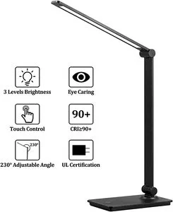 Black LED Desk Lamp, 3-level Brightness Touch Control Table Lamp, Office Adjustable Arm Folding Desk Light