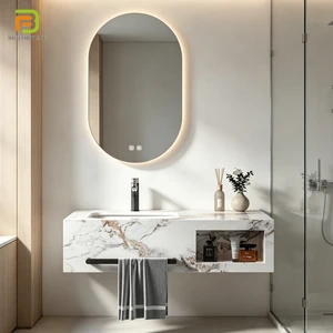Customized Floating Integrated Rock Slab Sink Vanity Sintered Stone Basin Bathroom Cabinet For Hotel Villa Apartment Projects