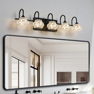 5-Light Polished Black Vanity Lights for Bathroom,Nickel Modern Vanity Lights with Crystal Glass Shade, Modern Wall Lights