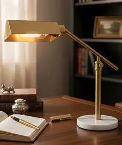 Modern Brass Adjustable Desk Lamp with Marble Base Rectangular Shade Warm White Light for Reading Room Decor