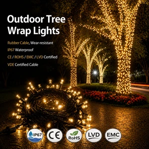 Weatherproof IP65 2 Year Rubber Cable Abrasion Tree Wrap Golden Light 2700K Rain Snow Outdoor Garden LED String Lights Dimmable