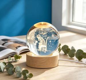 Customizable 3D Laser Engraved Mood Universe Pattern Crystal Ball Night Lamp with LED Light Wooden Base USB Power Supply