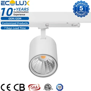Ecolux Commercial CE ETL SAA Led Dimmable Track Light Project High CRI 90+ 5000k 360° Flexible Aluminum 30w COB Track Spotlight