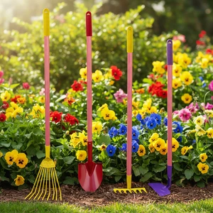 OEM/ODM 4Pcs Colorful Kids Garden Tool Set Safe Durable Manual Wooden Handle Shovel Rake Hoe Outdoor Yard Planting