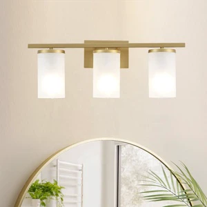 3 Light Vanity Lighting Fixtures High Quality Bathroom Mirror Light Wall Mounted Brass Finish Gold Wall Lamp With Cylinder Glass