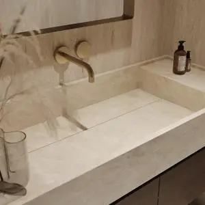 Customized Rock Slab Integrated Basin Wall Mounted Fluted Cabinet Washing And Hand Basin Walnut Colored Beige Textured Vanity