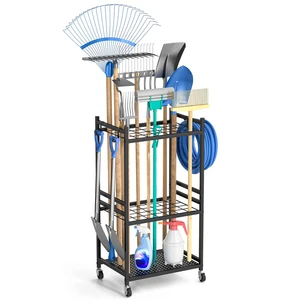 Black Metal Garden Tool Organizer with Wheels 35-Tool Capacity Adjustable and Foldable for Garage Storage Functional Design