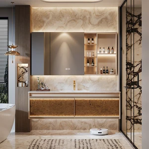French Classic Luxury Bathroom Cabinet, Solid Wood With A Stone Slab Countertop And An Integrated Smart Mirror/Cabinet.