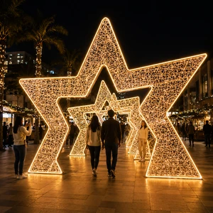 Luxury 3D Mesh Golden LED High Brightness Star Shape Arch for Hotel Resort Plaza Landmark Decor Star Tunnel Motif Light