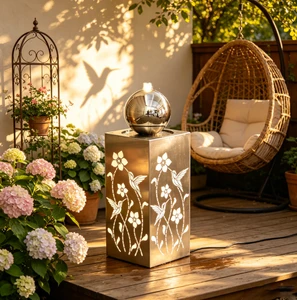 INS Wabi Sabi Style Mirror Stainless Steel Column Water Fountain Hummingbird Floral Hollow LED Light Weather Resistant Resort
