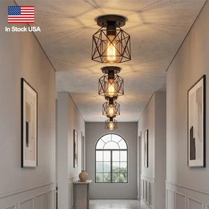 Fast Shipping Farmhouse Iron 1-Light Flush Mount Ceiling Lamp Black Geometric Cage Light Fixture for Hallway Bedroom Kitchen
