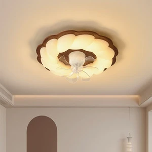 New-style French ceiling-mounted fan lamp, walnut wood color for children's room, eye-protecting, vintage bedroom
