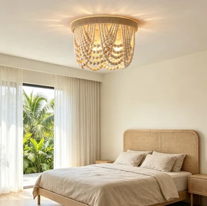 Living Room Wooden Smart Ceiling Fan with Light Circular Acrylic Ceiling Light Weight Plastic Blade Chandelier