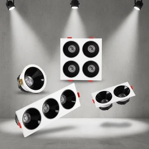 Slim Recessed LED Grille Light 1 2 3 4 Heads Square Gimbal Spotlight Anti-Glare COB Downlight for Commercial Lighting