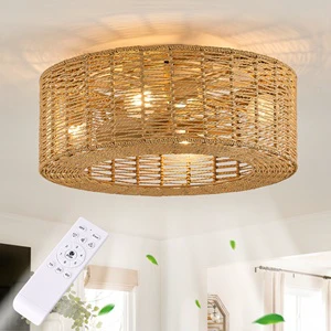 Wholesale Hand-woven Natural Rattan Fan Lamp with Remote Control and 6-speed Adjustment Retro Boho Ceiling Fan Light Fixture