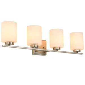 4 Light Bathroom Vanity Lights in Brushed Nickel with White Glass Shades ETL Listed