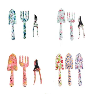 3pcs Floral Print Manual Garden Tools Set Pruning Shears Hand Trowel Fork Stainless Steel Iron Cast Aluminum Gardening Equipment