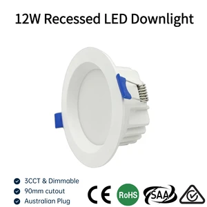 SAA RCM 12W IP44 Indoor LED Downlight 90mm Cutout 3CCT Dimmable Recessed With External Driver AU Plug For Australia Market