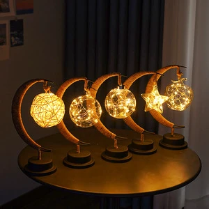 LED Star Moon Lamp Apple Rattan Ball Creative Desk Lamp Twine Iron Art USB Decorative Small Night Light