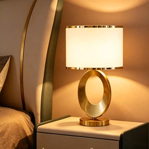Modern Luxury Gold Ring Base Table Lamp Fabric Shade Bedside Light for Hotel Home Decor
