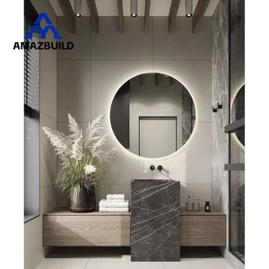 AMAZBUILD Luxury Design Water Resistant Pedestal Sink Custom Vanity Sintered Stone Countertop LED Illuminated Mirror For Villa