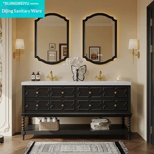 French-style Retro Oak Bathroom Cabinet Set Floor-standing Quartz Slab Hot-bent One-piece Basin Vanity Sink Washbasin Cabinet