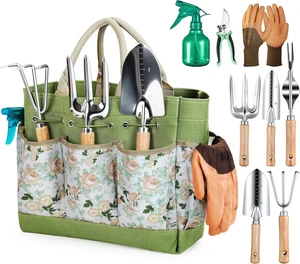 Garden Tool Set 9-Piece Stainless Steel Wooden Handle Multi-Use Durable Flower Planting Shovel Weeding Tool Kit Wholesale