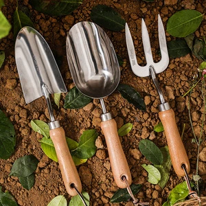 BOLIDE 3PCS Lightweight Garden Tool Set Stainless Steel Gardening Hand Tools Natural Wooden Handles Trowel Fork Soil Scoop
